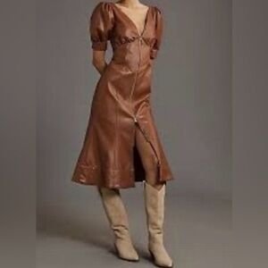 Anthropology Faux Leather Brown Midi Dress, size 4 EUC